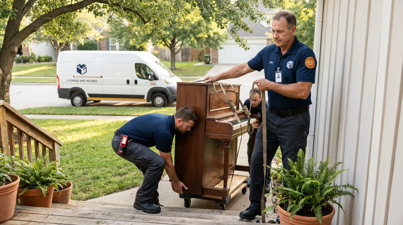 Licensed piano movers securing grand piano in New Hope, PA