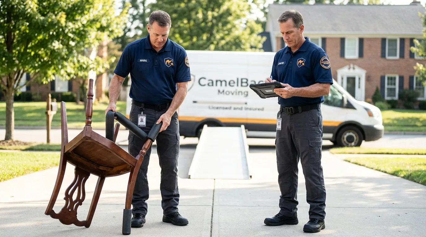 Movers inspecting furniture for damage prevention before loading in New Hope, PA