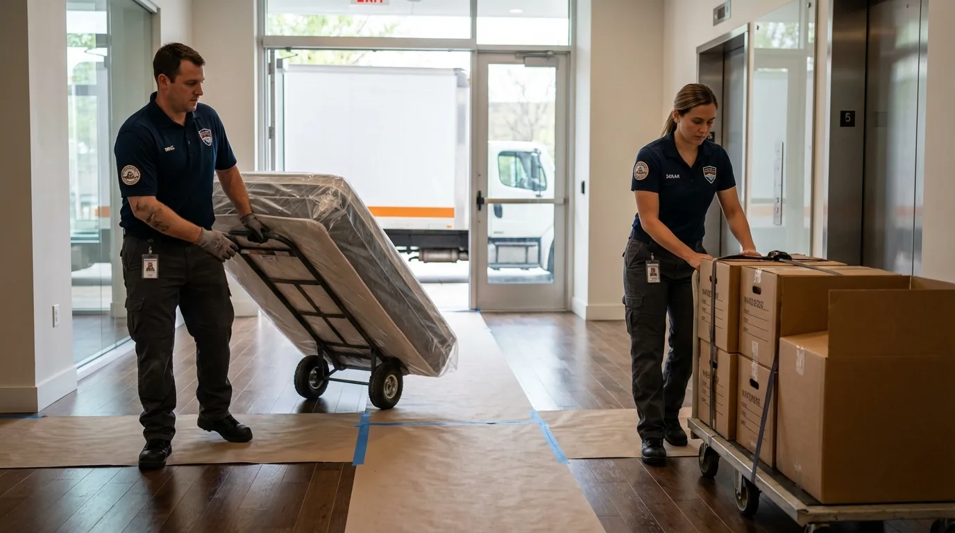 Professional apartment movers loading elevator in New Hope, PA