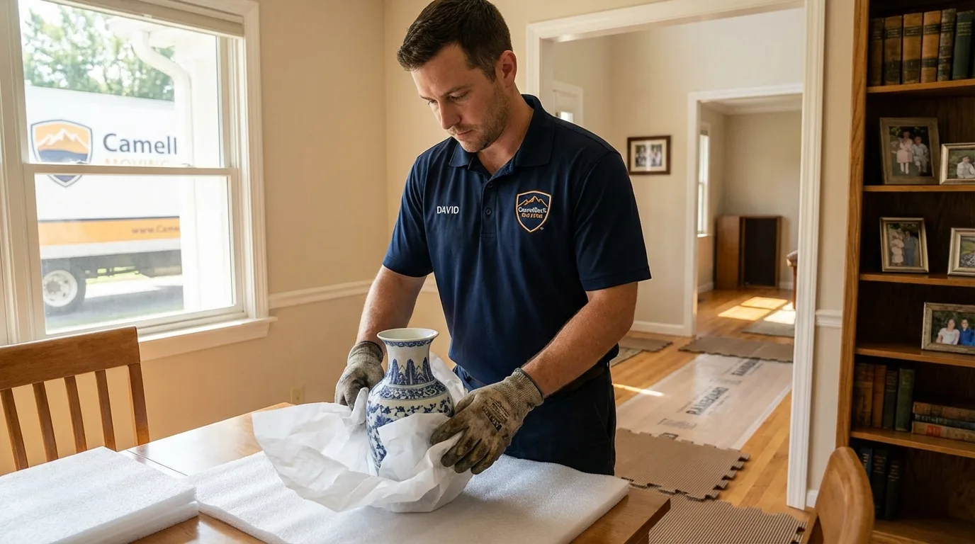 Professional crew carefully wrapping antique vase for senior downsizing move in New Hope, PA